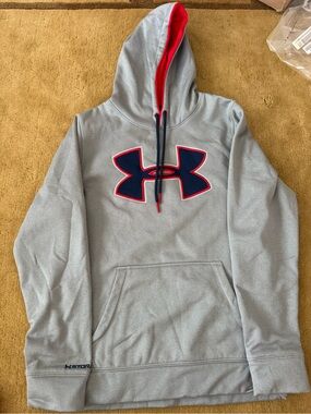 Under Armour Men’s Light Gray Hoodie with Navy Logo and Red Trim